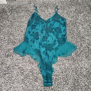 Victorias Secret Vtg 90s Gold Label Green Floral Mesh Teddy Corset Bodysuit Sz S